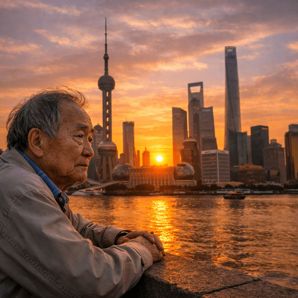 Elderly man leaning on river railing looking at Shanghai skyline at sunset